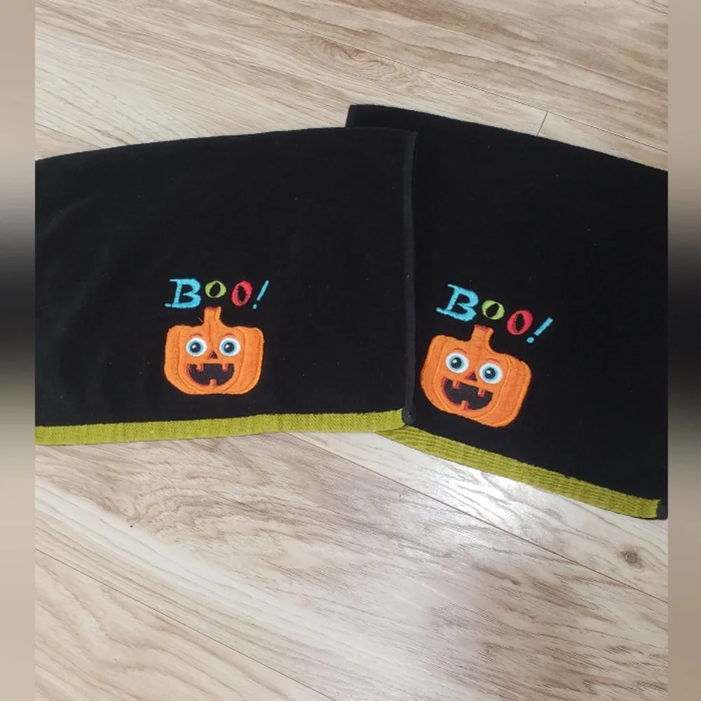 Vintage Halloween Boo Pumpkin Hand Towels Pair Of 2,black&orange,100per Cotton - Picture 2 of 2